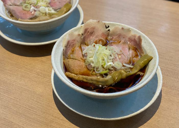 Two small bowls of meat-filled ramen at Menya Yukou.